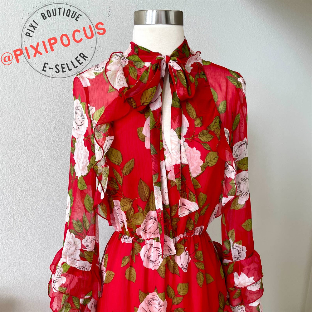 ZARA FLOWY RUFFLE TRIM LONG DRESS WITH TIE ROSE PRINT RED - Picture 8 of 16